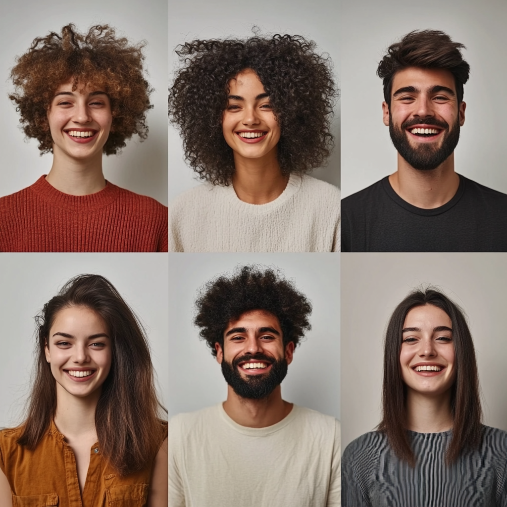 Une image lumineuse et accueillante représentant différentes personnes souriantes de tous âges et origines avec des coiffures variées (cheveux longs, courts, bouclés, raides, etc.), montrant la diversité et l'expression personnelle à travers les styles capillaires. L'arrière-plan est doux et neutre, symbolisant un sentiment de bien-être et de confiance en soi. L'ambiance générale est joyeuse et positive, reflétant l'importance des cheveux dans l'expression de l'identité et du style personnel.