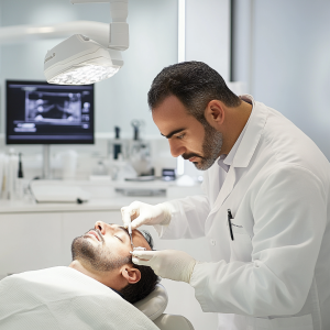 Docteur effectuant une greffe de cheveux dans une clinique moderne