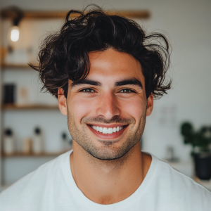 Homme souriant avec des cheveux épais et naturels après une greffe capillaire à Lille.