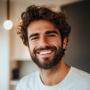 Homme souriant avec une chevelure dense et naturelle après une greffe capillaire à Lille.