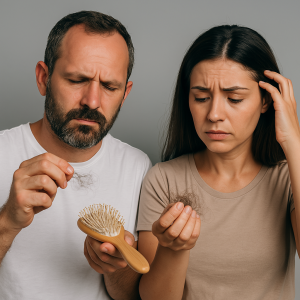 Homme observant une brosse remplie de cheveux, signe de perte capillaire